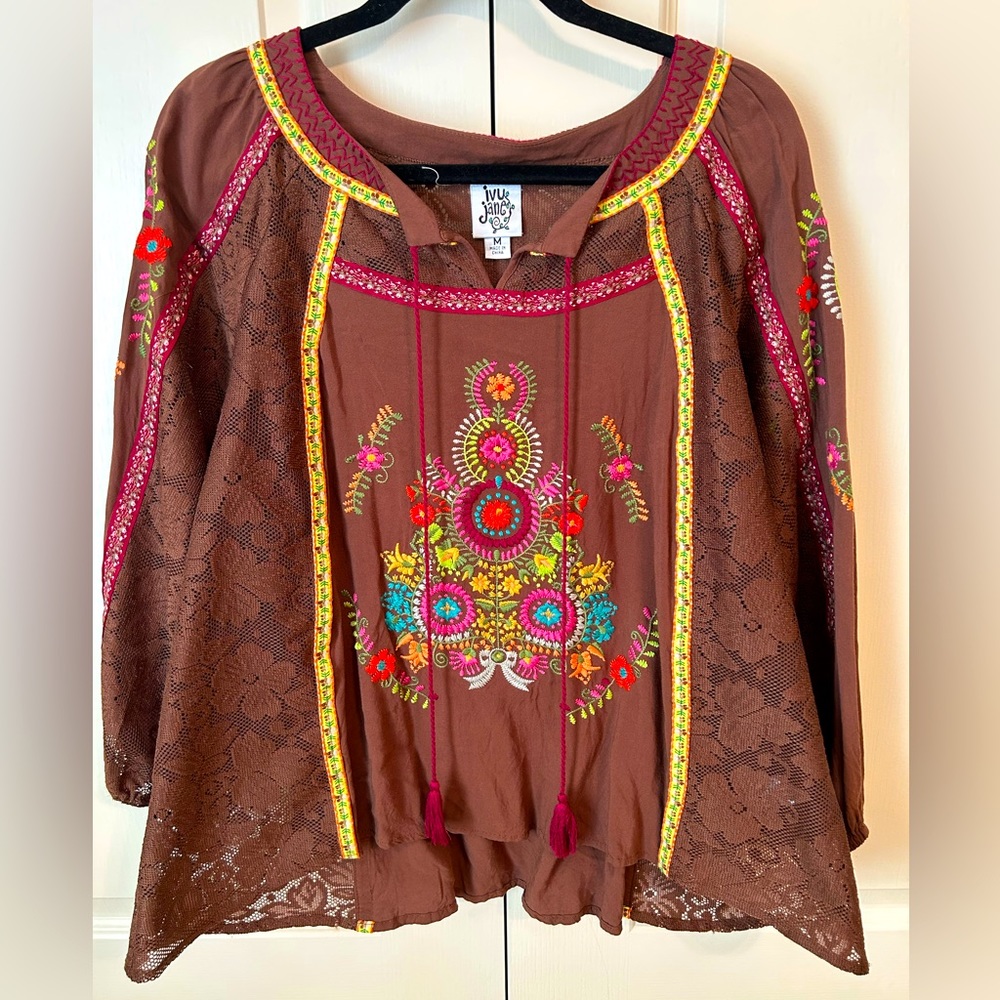 M IVY JANE  Brown Embroidered Lace Trim Tassel Tie Peasant Top